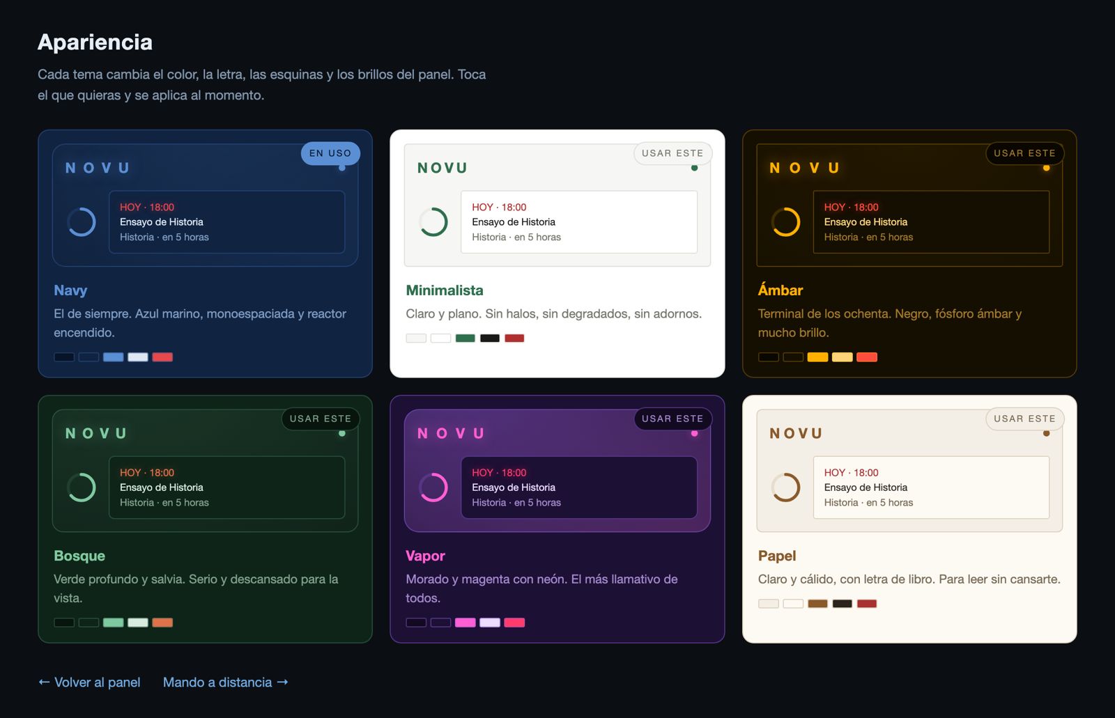 Centro de apariencia con seis temas: Navy, Minimalista, Ámbar, Bosque, Vapor y Papel