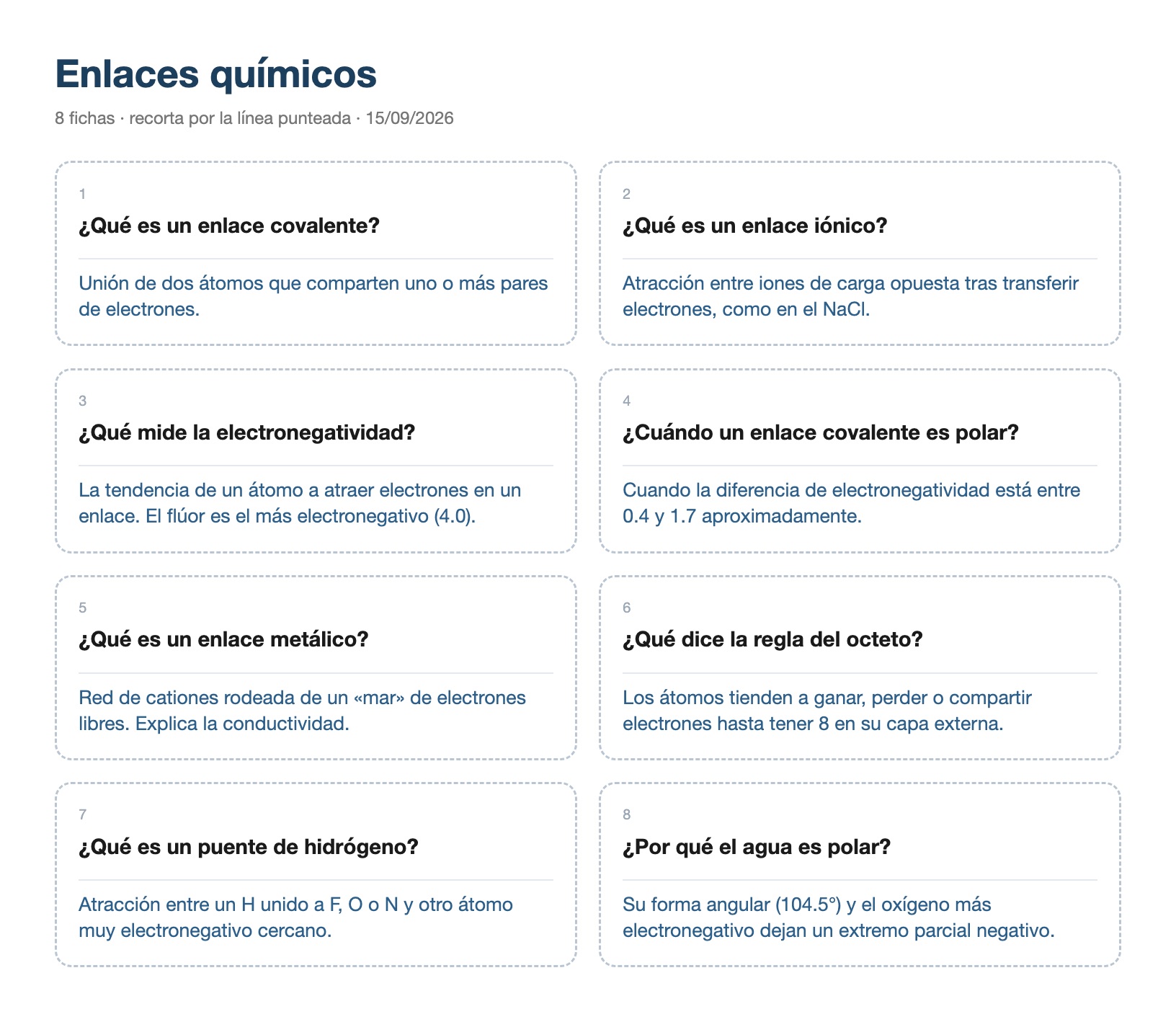 Hoja de fichas de estudio de enlaces químicos, con preguntas y respuestas listas para recortar