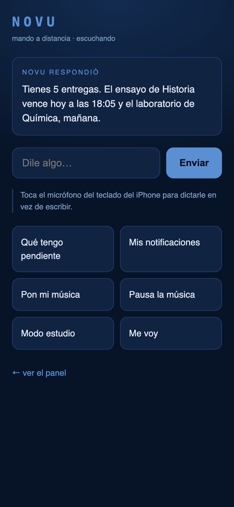 Mando a distancia de Novu en un iPhone con la respuesta a qué tengo pendiente y botones rápidos