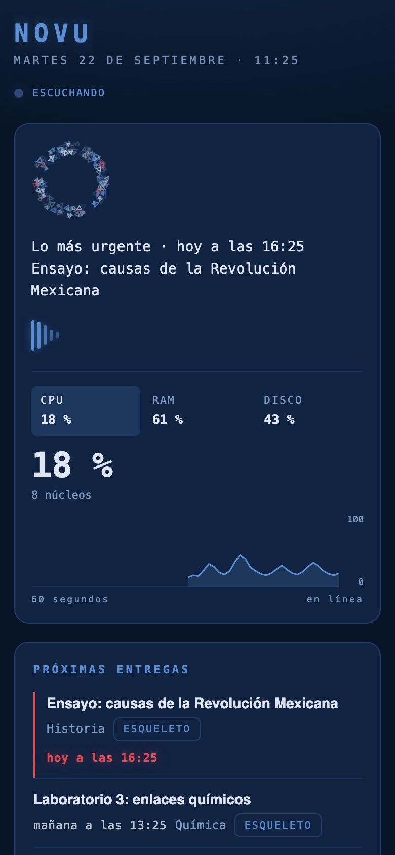 Panel de Novu en un iPhone con la entrega más urgente y la lista de próximas entregas